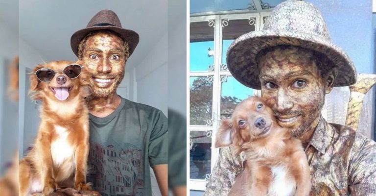 Cachorro faz estátua viva com dono e conquista as redes sociais