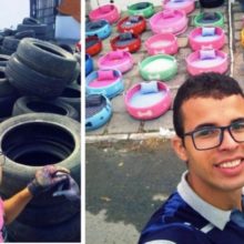 Jovem reciclou pneus velhos e criou caminhas para cães de rua