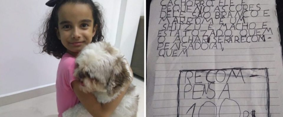 Menina escreve carta e oferece recompensa para quem achar o seu cachorro