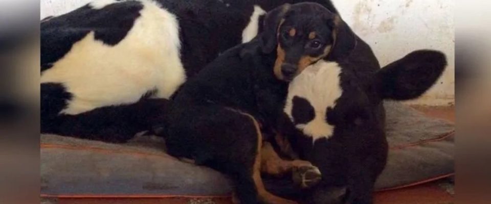Cão encontrado abandonado na floresta torna-se o melhor amigo de uma vaca resgatada
